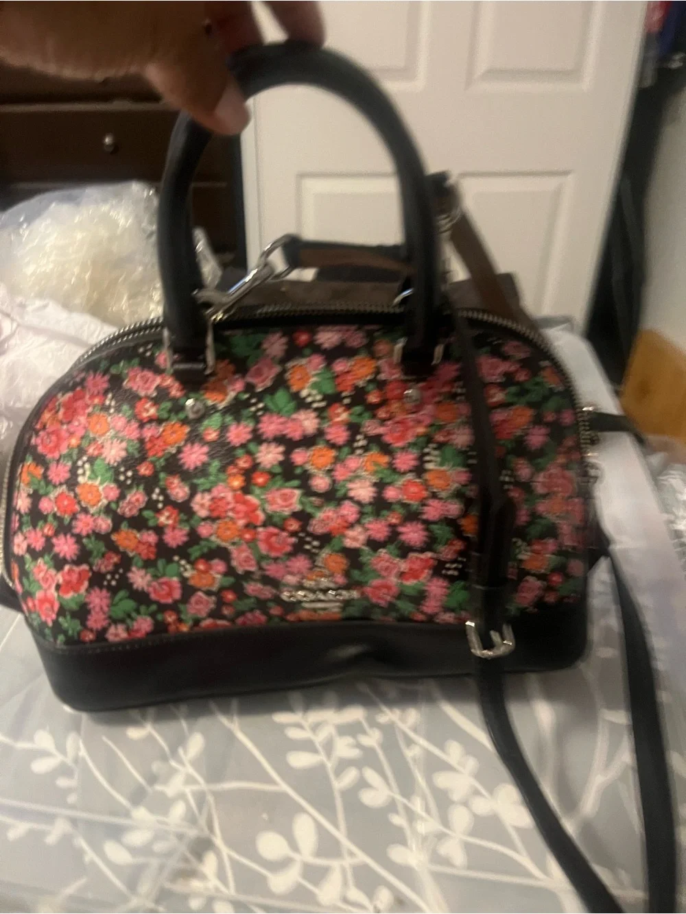 COACH Black Floral Dome Satchel with Pink and Green Accents like new